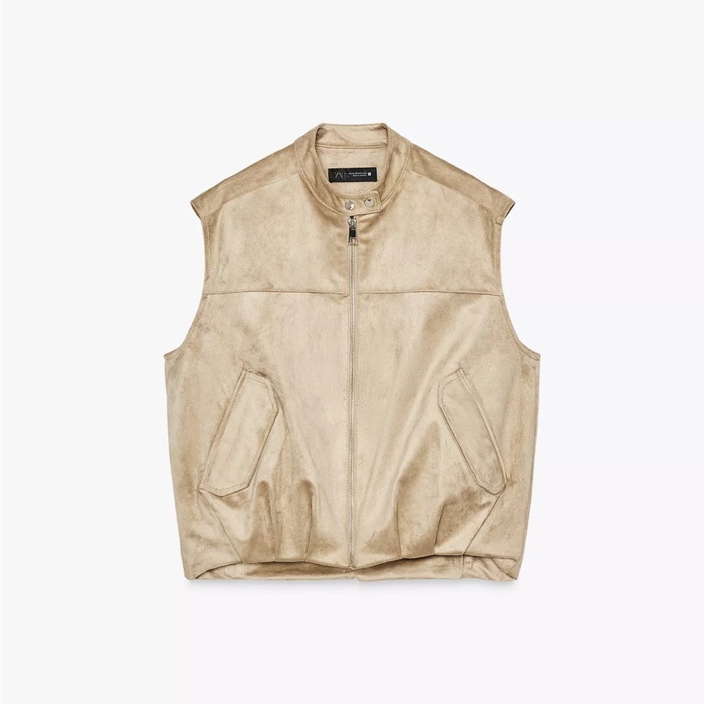 Zara Faux Suede Full Zip Vest In Taupe Brown Size Medium/Large NWT